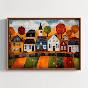 Lámina artística con colores otoñales: Paisaje rústico de arte popular / Vista de un pueblo otoñal de Durazza