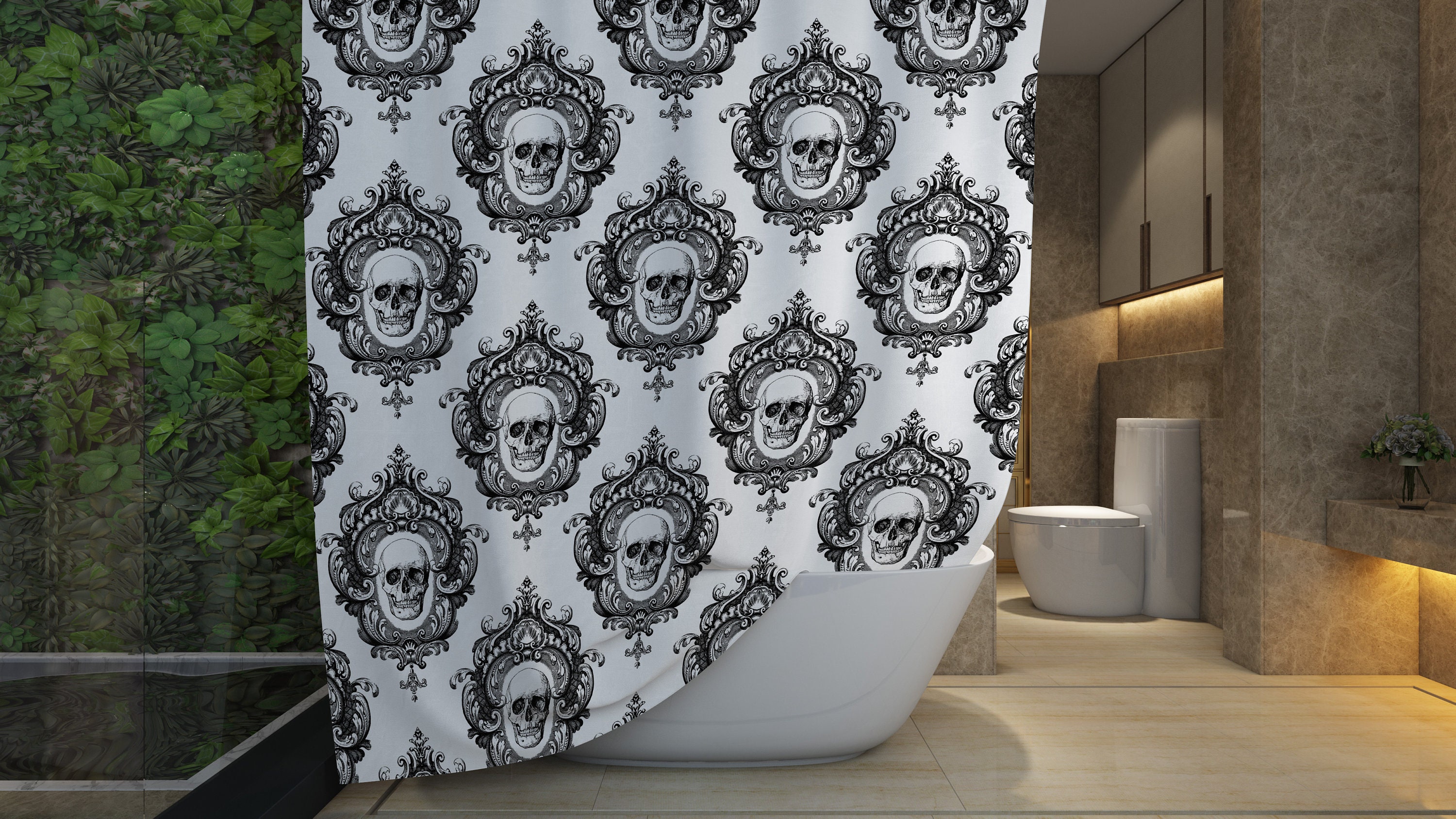 Skull Shower Curtain Goth Shower Curtain Halloween Bath Set Etsy