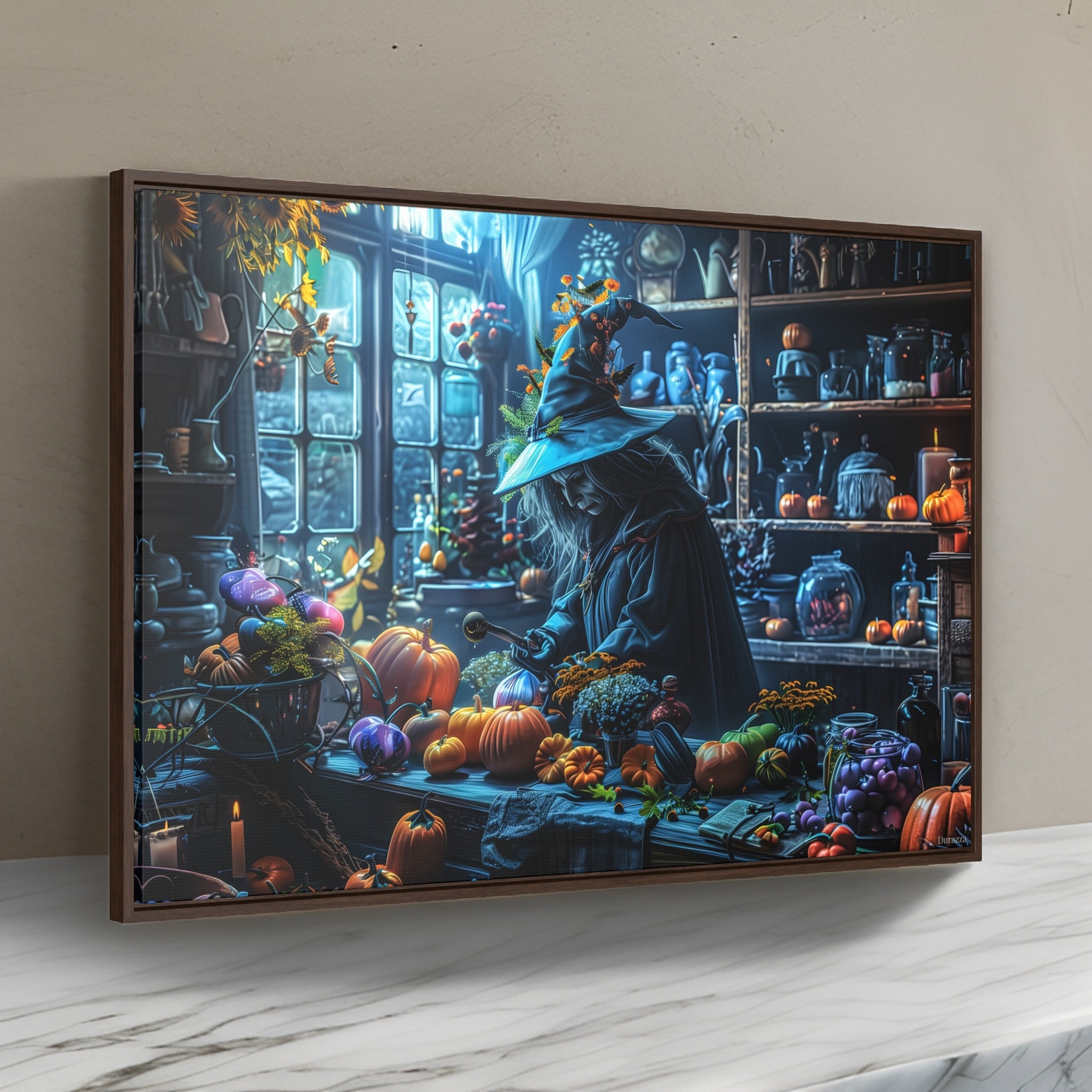 Enchanting Kitchen Witch Wall Art: Beautiful Elder Witch With Pumpkins ...