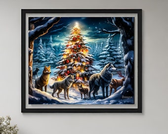 Wolf Holiday Art Print: Christmas Tree Forest Scene | Winter Wolf Pack by Durazza