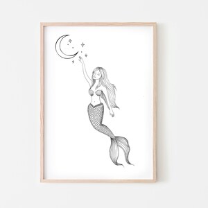 Mermaid printable art download moon stars wall art illustration little mermaid siren mystical celestial minimal hand drawn