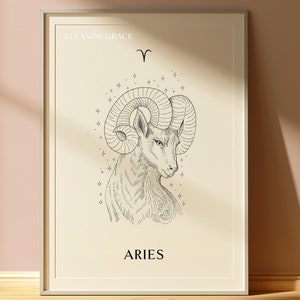 Aries Zodiac Star sign Ram Astrology Print, Wall Art, Birthday Gift, Spirit animal, Illustration, Minimal, Black white, Boho