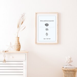 May include: A framed print with a white background and black text that reads "Salt air, and the rust on your door, will there be a reason?"  The text is followed by a line of three small black and white drawings of seashells.  The text "August - Taylor Swift" is at the bottom of the print.