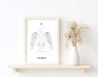 Gemini Birthday Star sign Astrology print Wall Art Gemini May June Gift, Sun sign, twins, Illustration, Minimal, Goddess, Boho, Feminine