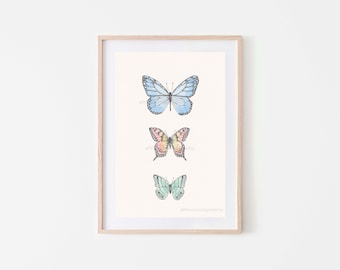 Printable wall art download Butterfly art print 3 butterflies illustration insects nature colour instant download