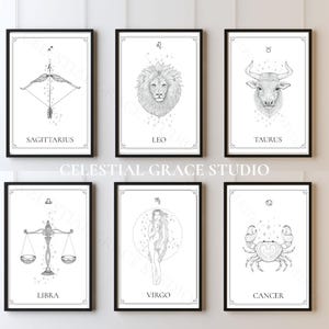 12 ZODIAC SIGNS Wall art full collection bundle Astrology Star signs illustration minimal symbols digital art printable posters
