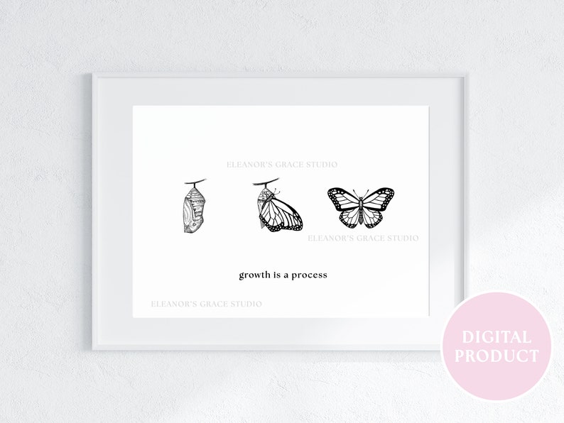 May include: Black and white illustration of a butterfly life cycle with three stages: a chrysalis, a butterfly emerging from a chrysalis, and a butterfly in flight. The text "growth is a process" is below the illustration.