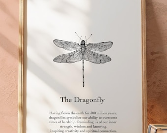 May include: A framed wall art print featuring a black and white line drawing of a dragonfly centered above the text The Dragonfly and a paragraph describing the insect's symbolism, with the brand name CELESTIAL GRACE STUDIO at the top and bottom.