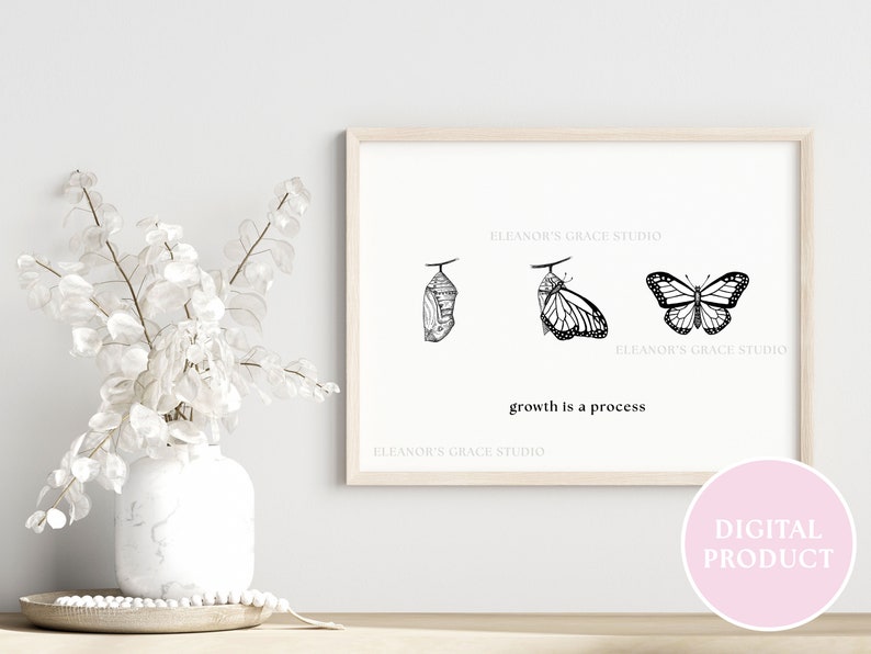 May include: Black and white printable art print featuring a butterfly life cycle with the text "growth is a process". The print has a white background and a wooden frame.