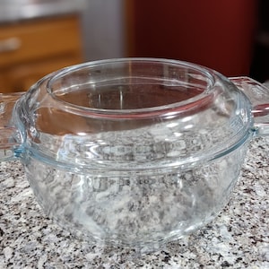 Vintage Pyrex de Corning France 454E clear casserole dish with lid 454C Round Covered Glass Baking Dish - Made in France