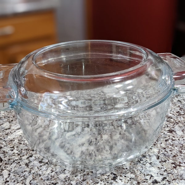 Vintage Pyrex de Corning France 454E clear casserole dish with lid 454C Round Covered Glass Baking Dish - Made in France