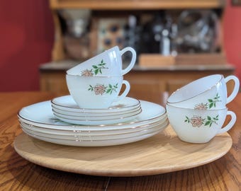 Vintage Fire-king “primrose” Style Milk Glass Dinnerware Set