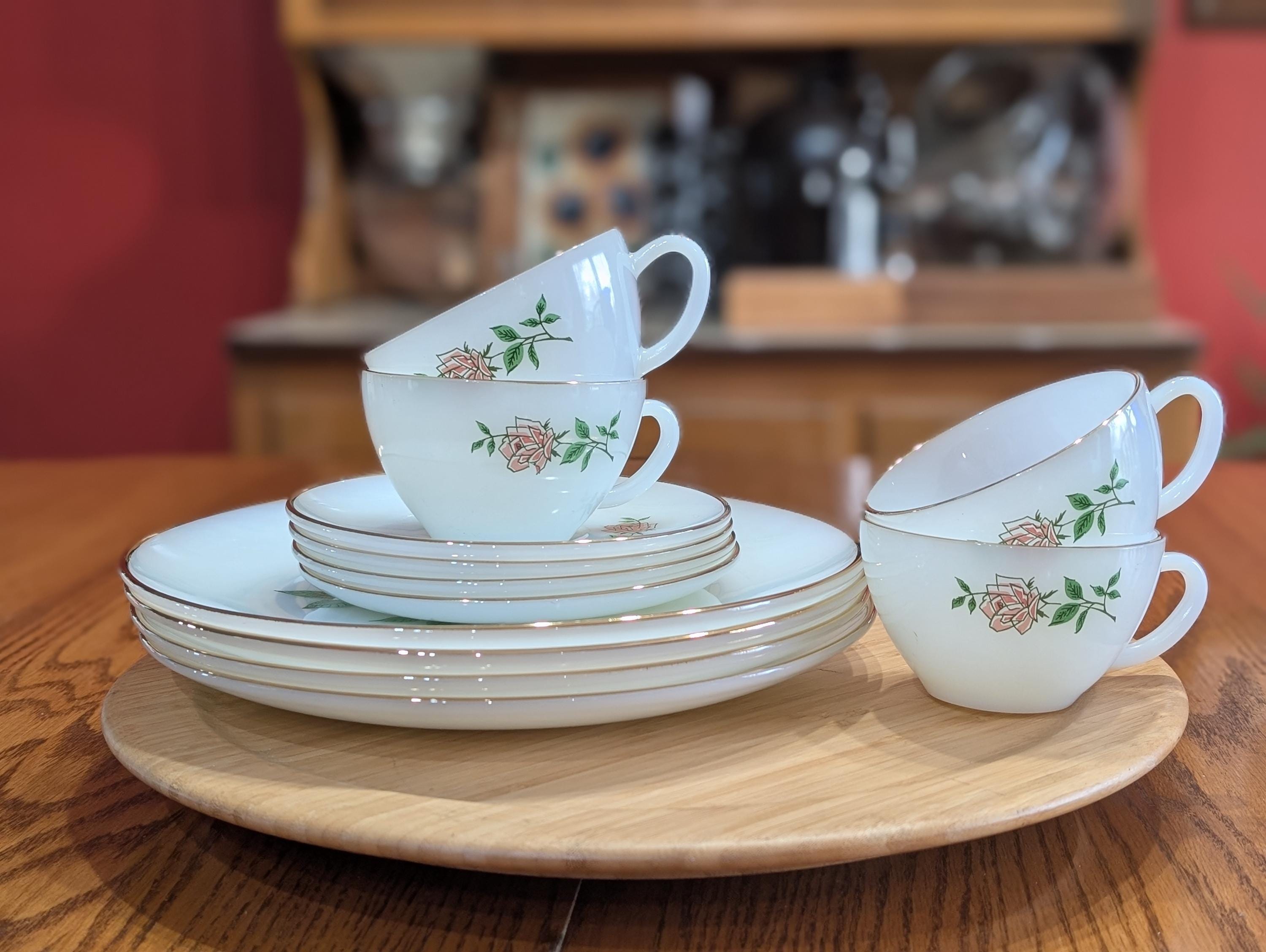 Vintage Fire-king “primrose” Style Milk Glass Dinnerware Set
