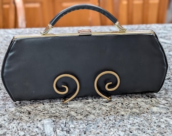 Vintage Black Clutch Purse – Gold Frame Disappearing Handle, USA Made