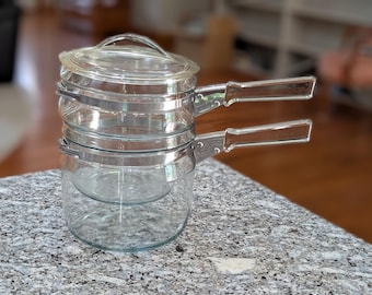 Vintage Pyrex Flameware Double Boiler with Lid, Clear Glass Stovetop Boiler Pot, Mid Century Kitchen Glass Cookware, Pyrex Flameware Pan
