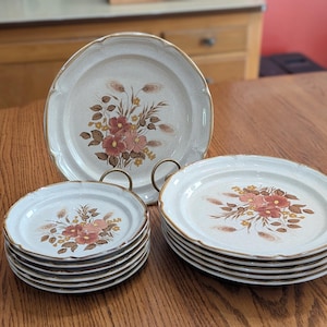 May include: A collection of ceramic plates with a floral design. The plates are off-white with a brown and red floral pattern. The edges of the plates have a scalloped design and a gold trim. The set includes dinner plates and smaller plates.