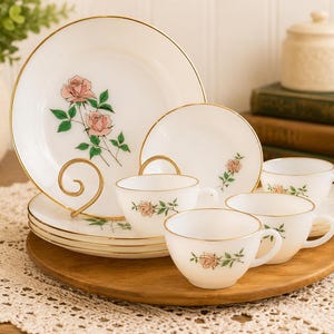 Vintage Fire-king “primrose” Style Milk Glass Dinnerware Set