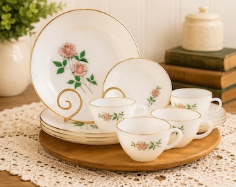 Vintage Fire-king “primrose” Style Milk Glass Dinnerware Set