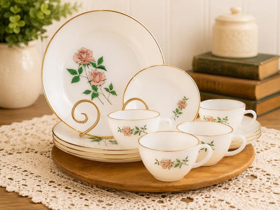 Vintage Fire-king “primrose” Style Milk Glass Dinnerware Set