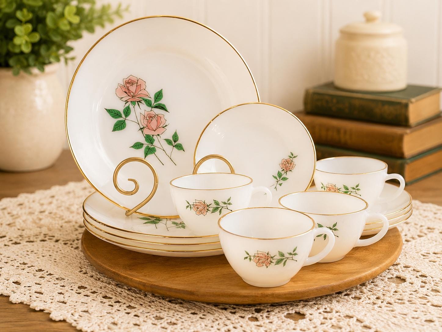 Vintage Fire-king “primrose” Style Milk Glass Dinnerware Set