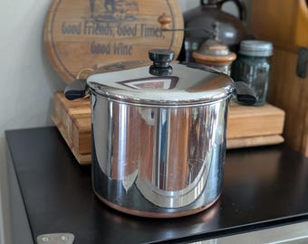 Vintage Revere Ware Stock Pot with Lid | Copper Bottom Stainless Steel 8 Qt | 1801 Revere Ware Clinton IL | Retro Kitchen Cookware