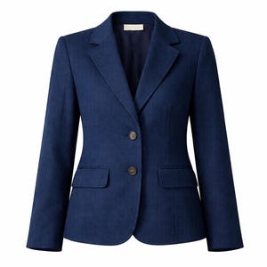 May include: A navy blue blazer with a two-button closure, notched lapels, and two front pockets. The tailored jacket is a classic design, suitable for various occasions. The blazer is a standard size.