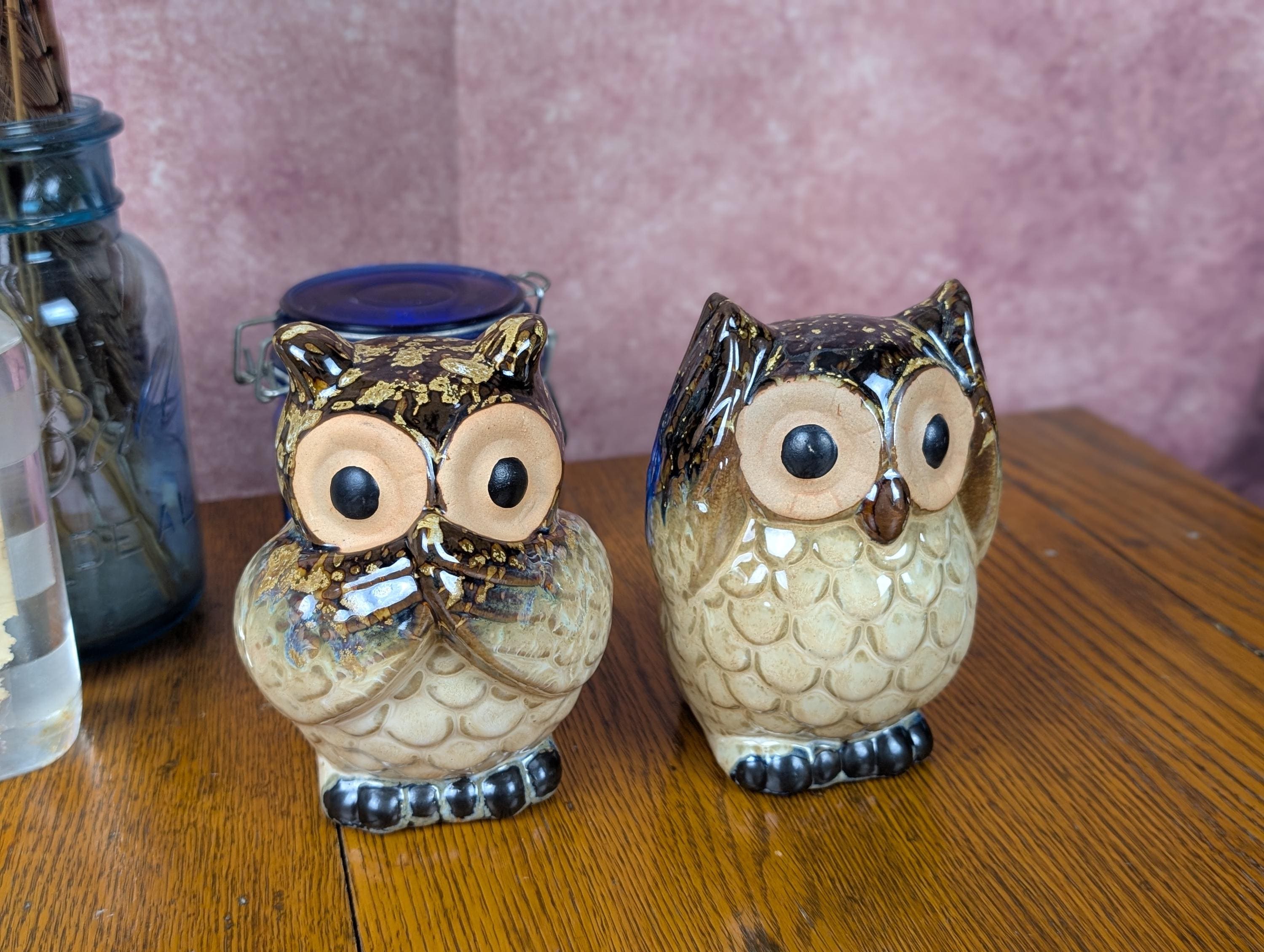 Vintage Ceramic Owl Figurines Set of 2, Mid Century Owl Pair, Hear No Evil See No Evil Owls, Retro W