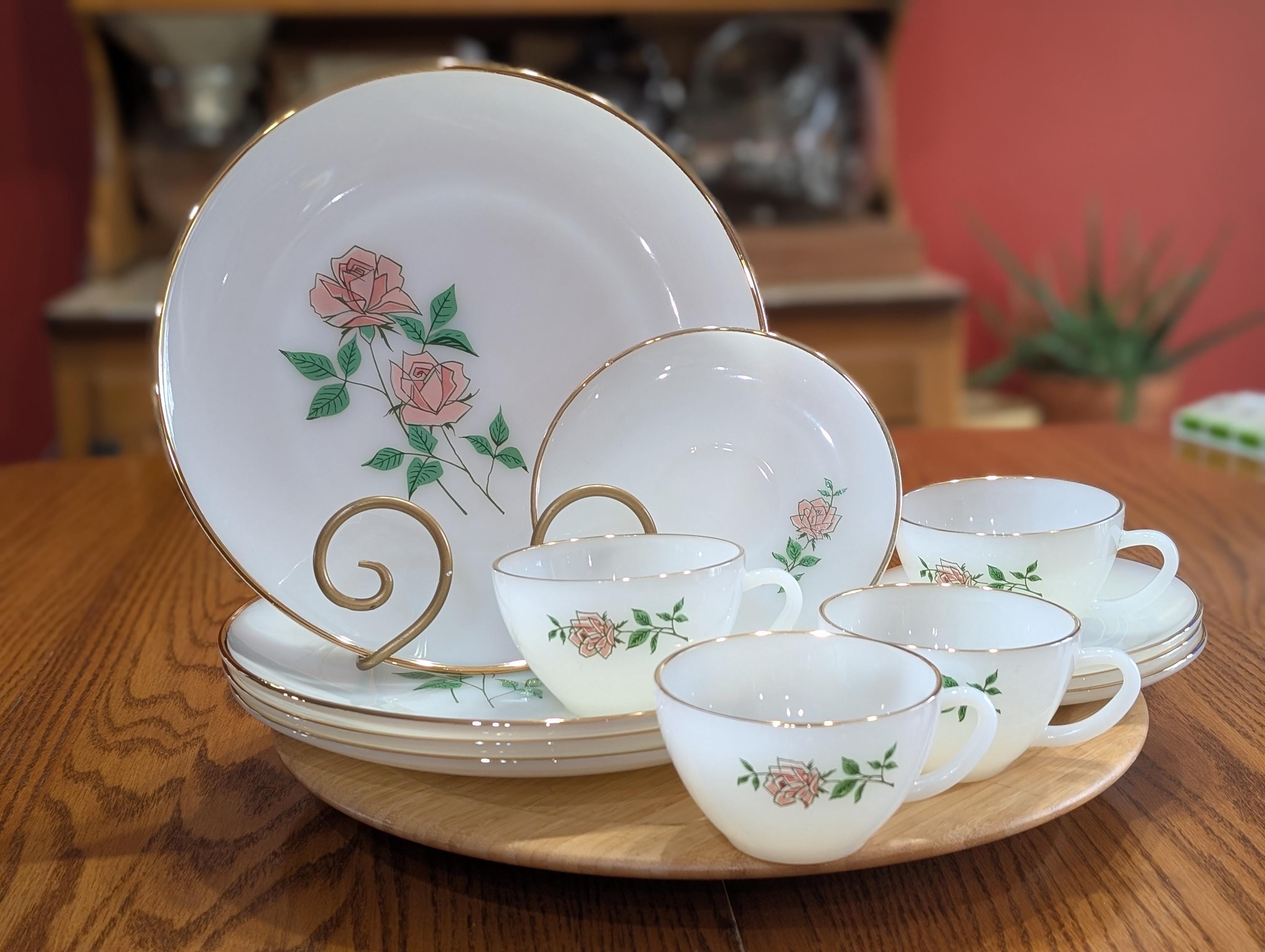 Vintage Fire-king “primrose” Style Milk Glass Dinnerware Set