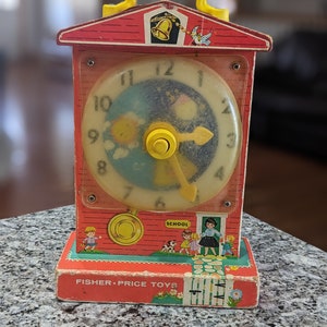Vintage learning clock by Fisher Price - 1960&#39;s - with music - beautiful illustrations