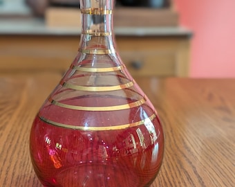 Vintage Ruby Red Glass Decanter – Gold Band Mid-Century Barware