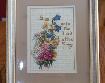 Framed Floral Cross Stitch Art – Handmade Christian Needlepoint