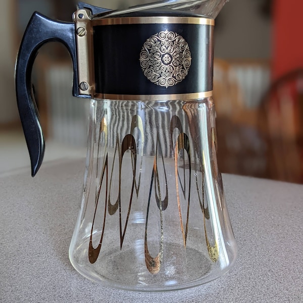 Mid Century Modern glass coffee carafe, vintage David Douglas glass coffee pot, MCM coffee tea server, atomic gold and black coffee pot