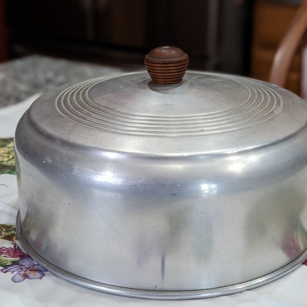 Vintage silver aluminum domed cake cover, wood knob, MCM cake cover, retro kitchen mid century 50s 60s