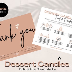 Tarjeta de cuidado de velas de postre / Instrucciones de velas de comida y bebida / Plantilla Canva editable e imprimible / Descarga instantánea / TY-2
