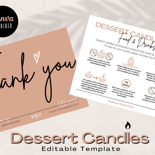 Dessert Candle Care Card | Food and Drink Candle Instructions | Editable and Printable Canva Template | Instant Download | TY-2