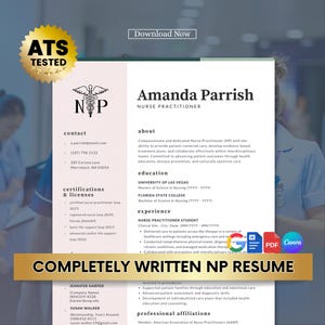 Könnte beinhalten: Eine professionelle Lebenslaufvorlage für eine Krankenschwester, mit einem übersichtlichen Layout. Abschnitte umfassen Kontaktinformationen, Zertifizierungen, Ausbildung und Erfahrung. Das Design beinhaltet ein goldenes ATS Tested-Abzeichen und Canva-, PDF- und Word-Symbole.