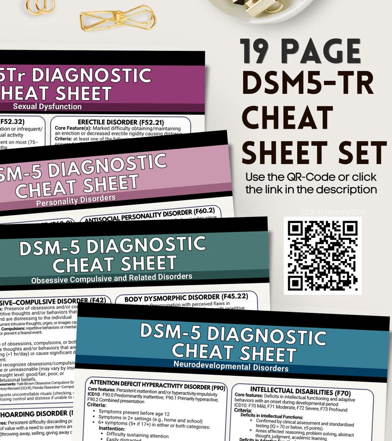 Op de afbeelding: Een set van 19 pagina's tellende DSM5-TR cheat sheets. De sheets behandelen onderwerpen als seksuele disfunctie, persoonlijkheidsstoornissen, obsessief-compulsieve stoornis en neuro-ontwikkelingsstoornissen. De tekst bevat een QR-code en de zin "Gebruik de QR-code of klik op de link in de beschrijving."