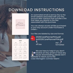 Op de afbeelding: Afbeelding voor digitale download met de tekst "DOWNLOAD INSTRUCTIONS". Het bevat een roze 2026 Care Planner en een kalender voor 2027. De instructies leggen uit hoe u na aankoop toegang krijgt tot de bestanden.