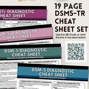 May include: A set of DSM-5 Diagnostic Cheat Sheets with titles like "Sexual Dysfunction" and "Personality Disorders." The sheets are black, white, and pink, with the text "19 PAGE DSM5-TR CHEAT SHEET SET" at the top. A QR code is included.