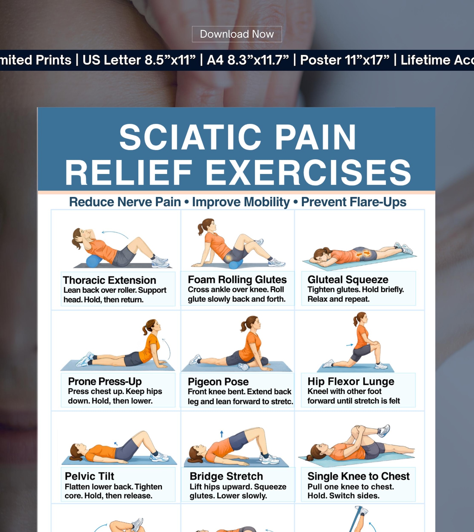 Sciatica Pain Relief Exercises Printable, Lower Back & Nerve Stretch ...