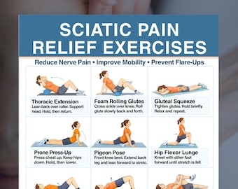 Ejercicios imprimibles para aliviar el dolor de ciática, rutina de estiramiento de la zona lumbar y los nervios, tabla de movilidad del nervio ciático (descarga en PDF)