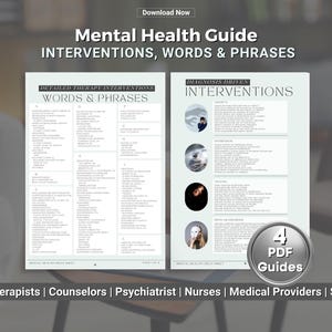 Może przedstawiać: Cyfrowy przewodnik zatytułowany "Mental Health Guide" z tekstem "Interventions, Words & Phrases". Przewodnik podzielony jest na sekcje dotyczące interwencji terapeutycznych i interwencji opartych na diagnozie. Zawiera tekst "Download Now" i "4 PDF Guides."