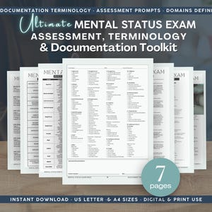 May include: A seven-page mental status exam assessment, terminology, and documentation toolkit printed on white paper. The documents feature structured checklists and forms for clinical evaluation, including sections for appearance, mood, affect, and cognitive function.