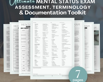 May include: A seven-page mental status exam assessment, terminology, and documentation toolkit printed on white paper. The documents feature structured checklists and forms for clinical evaluation, including sections for appearance, mood, affect, and cognitive function.