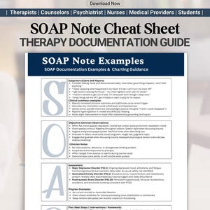 May include: A white and black SOAP Note Cheat Sheet for therapy documentation. The guide includes examples for subjective client self-report, objective clinician observations, assessment, progress examples, and a plan for interventions and homework.