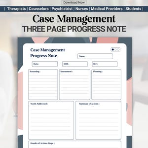 Op de afbeelding: Een driepagina's voortgangsnotitie voor casemanagement. Het document bevat velden voor datum, naam en ID, samen met secties voor screening, beoordeling, planning, aangepakte behoeften, samenvatting van acties en resultaten. De tekst "Case Management" staat bovenaan.