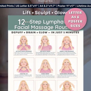May include: A poster with a facial massage routine, featuring 12 steps for lymphatic drainage. The poster includes illustrations and instructions for each step, with text such as "Lift, Sculpt, Glow" and "Depuff, Drain, Glow - In Just 5 Minutes."