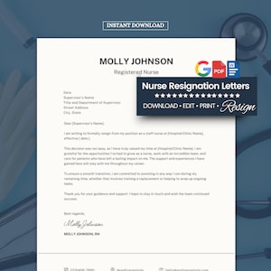 Plantilla de carta de renuncia de enfermera, carta de renuncia para profesionales médicos, paquete de cartas de renuncia digitales de enfermera titulada (Word, Google)