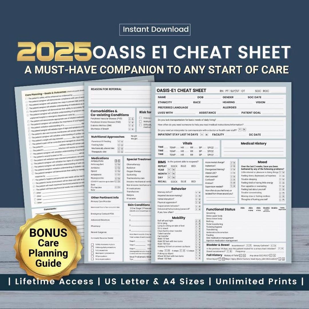 OASIS E1 Cheat Sheet for Home Health Care Nurse SOC Admission Visits ...