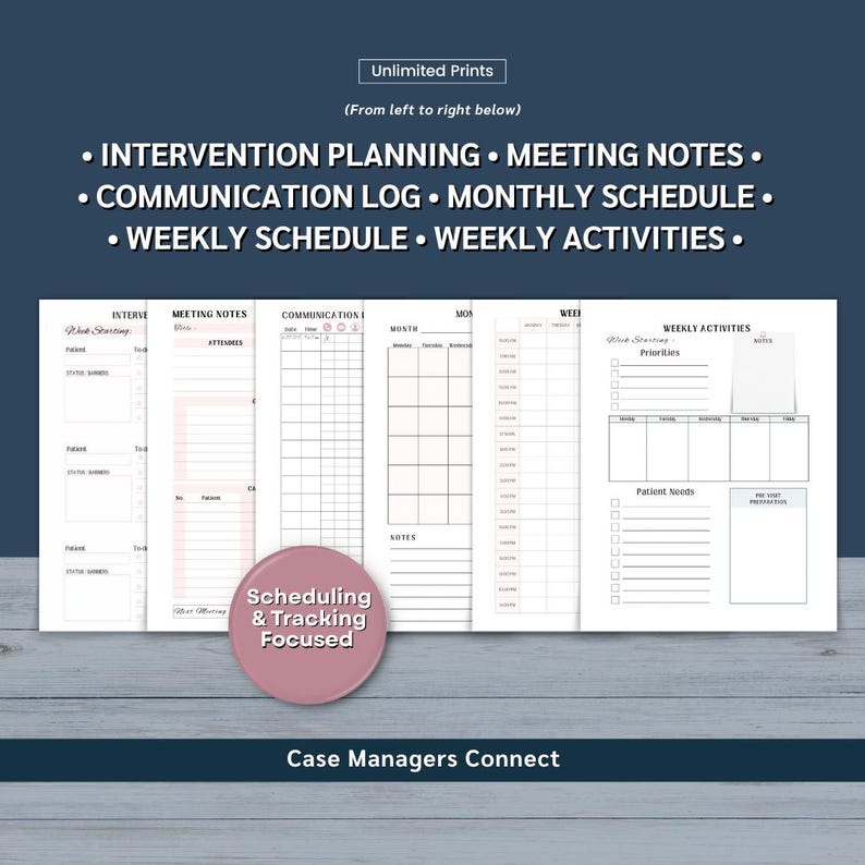 May include: A planner with sections for intervention planning, meeting notes, communication log, monthly and weekly schedules, and weekly activities. The planner includes the text "Unlimited Prints" and "Case Managers Connect."